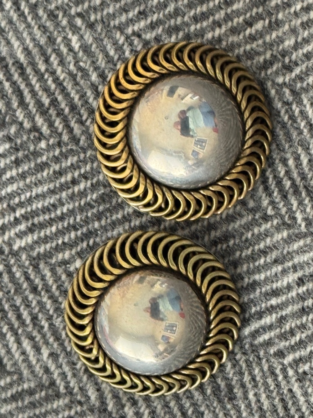 VINTAGE, STERLING SILVER EARRINGS WITH TEXTURED GOLD BRAIDED SURROUND